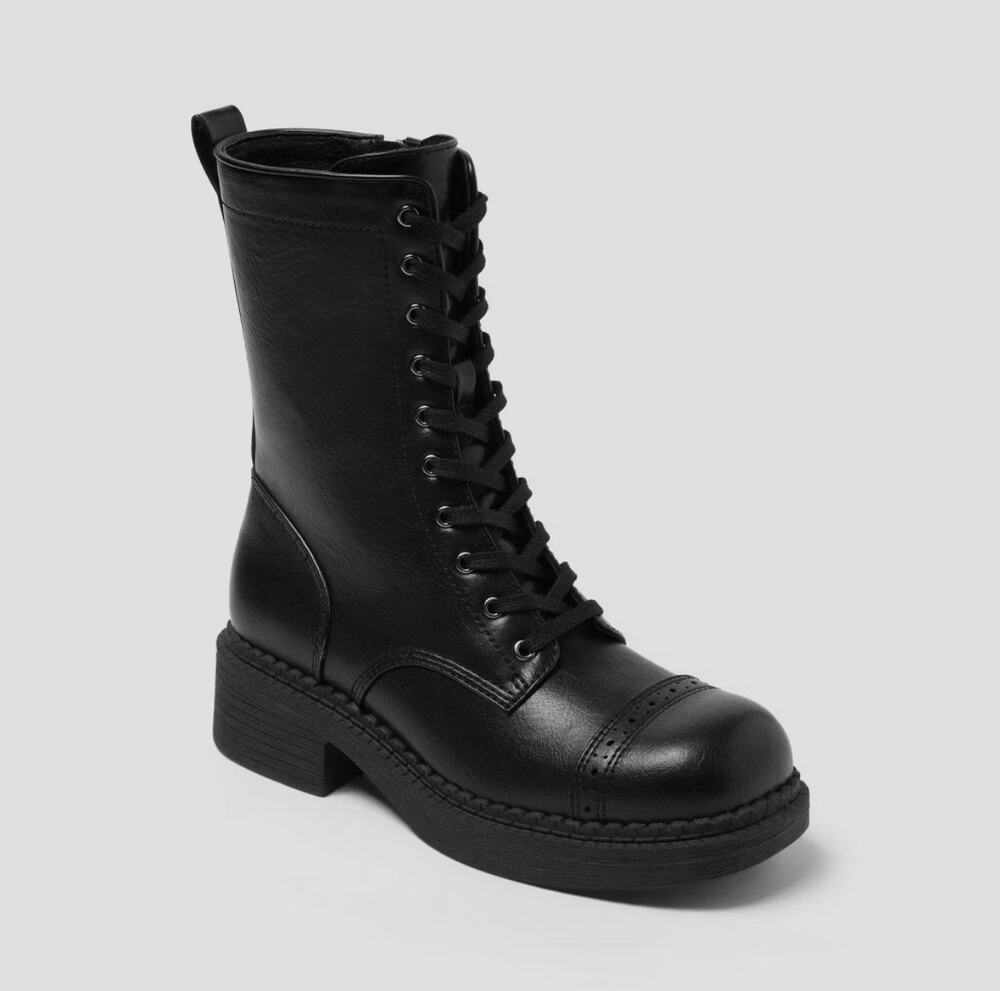 Wild Fable Helga Combat Boots Black Lace Up Side Zip Cap Toe Brogue Womens 8.5 - Picture 1 of 9